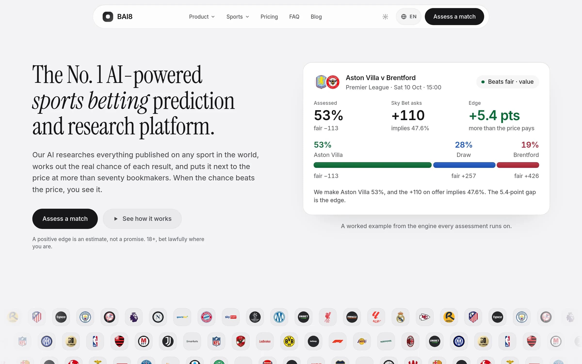 The BAI8 homepage, showing an assessed Premier League fixture with chances, fair prices and the edge against a bookmaker.