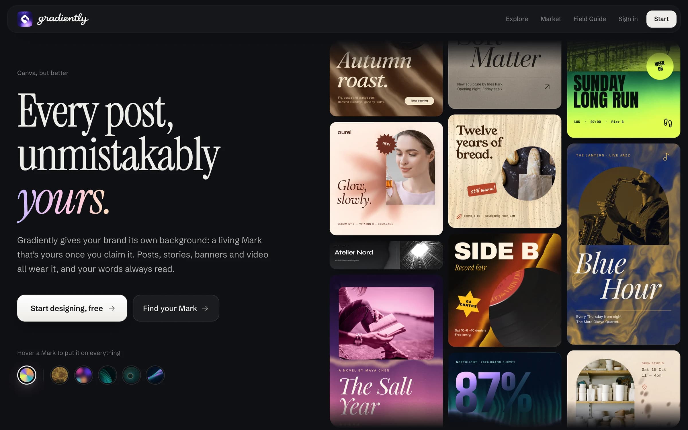 The Gradiently homepage, showing designs for a coffee roaster, a serum and a jazz night, each on its own Mark.